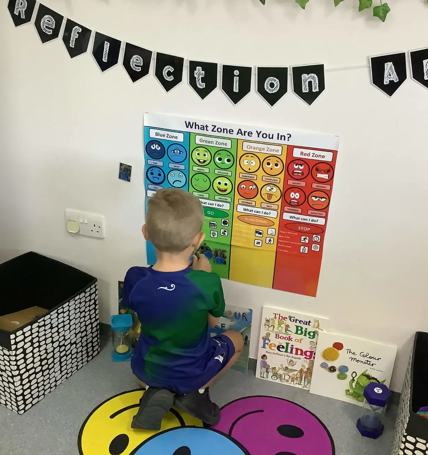 BISR Tabuk student recording their feelings on the feelings checking board in the reflection area.